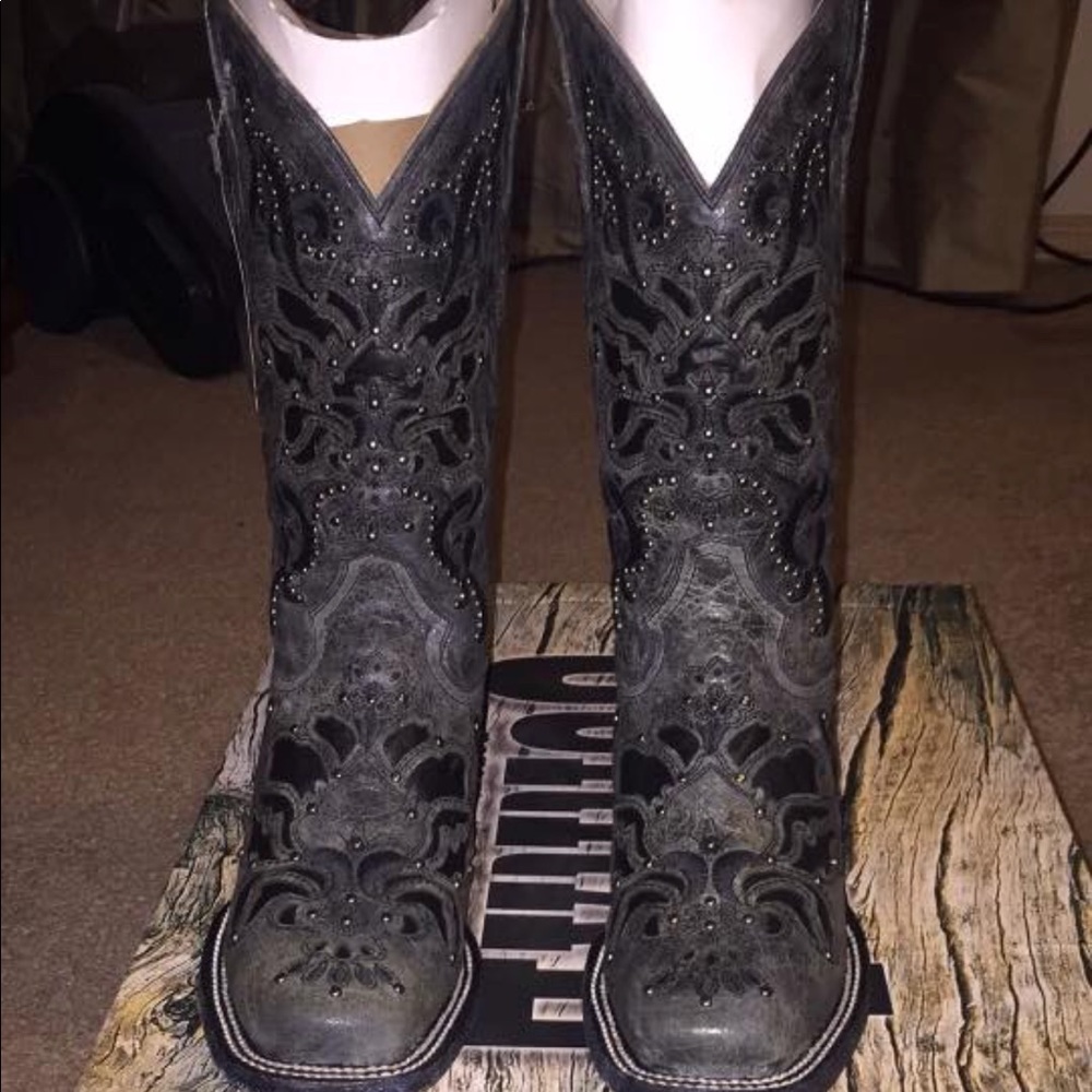 Black CORRAL LACE OVERLAY BOOTS. NEVER BEEN WORN!